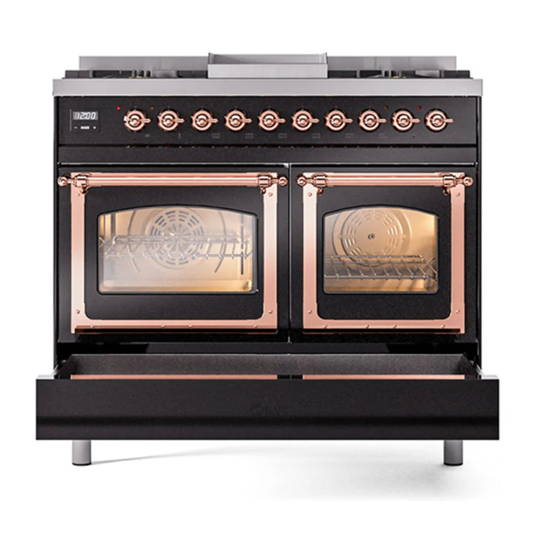 ILVE Nostalgie II Noblesse 40" Dual Fuel Freestanding Range in Glossy Black with Copper Trim, UND40FNMPBKP