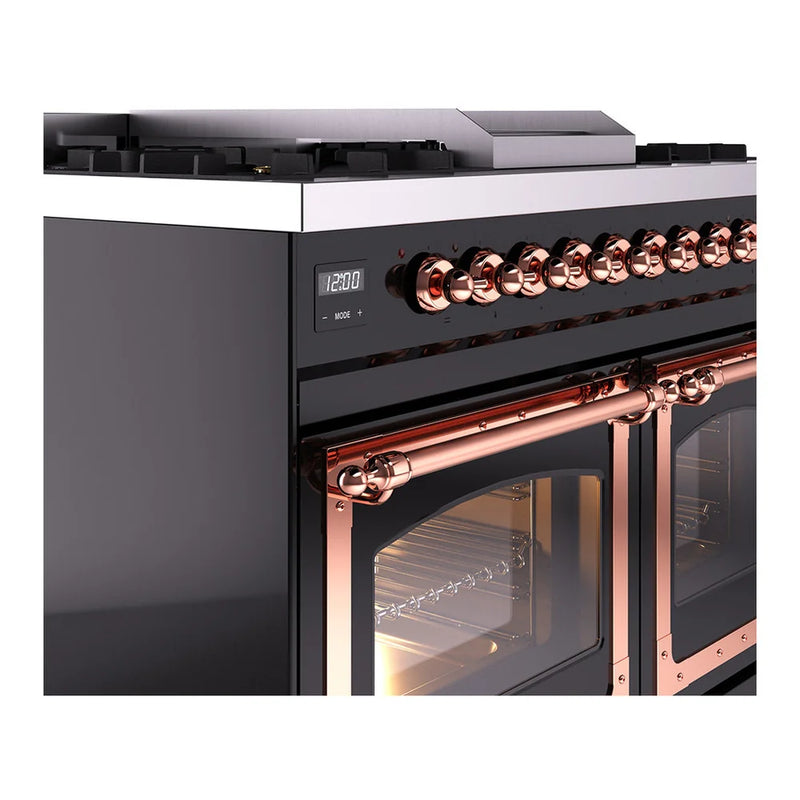 ILVE Nostalgie II Noblesse 40" Dual Fuel Freestanding Range in Glossy Black with Copper Trim, UND40FNMPBKP