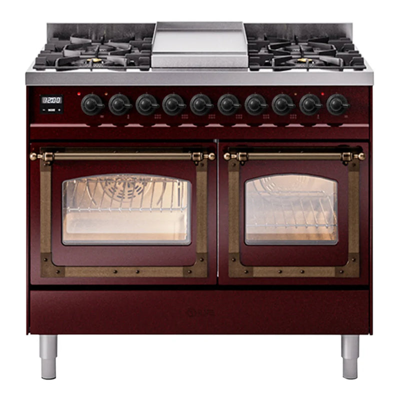 ILVE Nostalgie II Noblesse 40" Dual Fuel Freestanding Range in Burgundy with Burnished Trim, UND40FNMPBUBLP