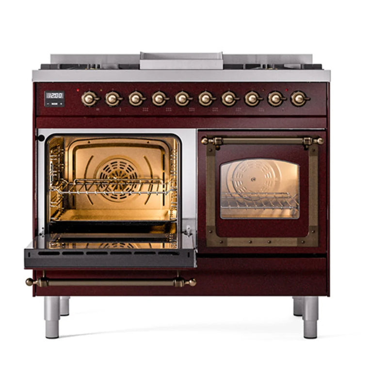 ILVE Nostalgie II Noblesse 40" Dual Fuel Freestanding Range in Burgundy with Burnished Trim, UND40FNMPBUBLP