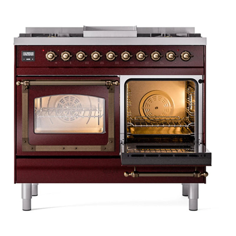 ILVE Nostalgie II Noblesse 40" Dual Fuel Freestanding Range in Burgundy with Burnished Trim, UND40FNMPBUBLP