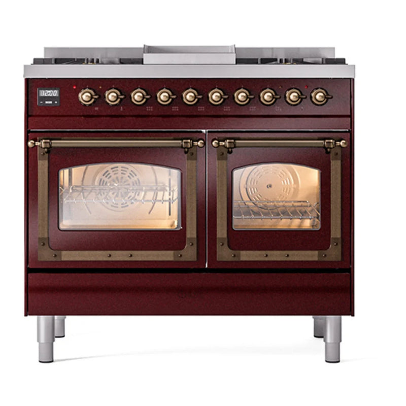 ILVE Nostalgie II Noblesse 40" Dual Fuel Freestanding Range in Burgundy with Burnished Trim, UND40FNMPBUBLP