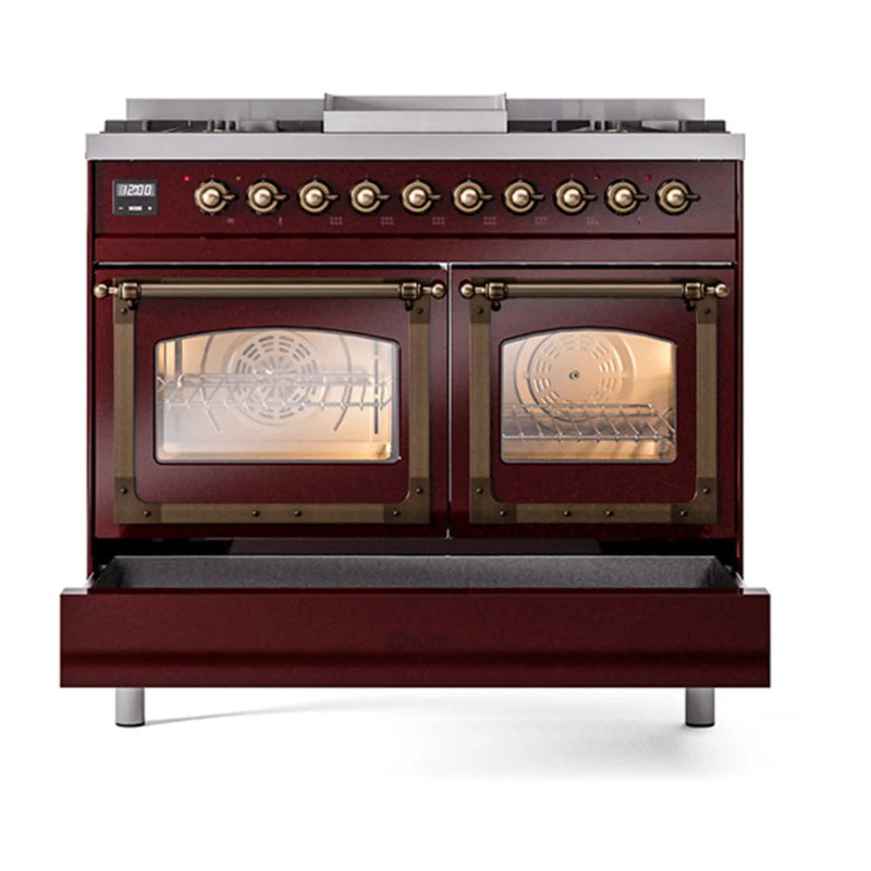 ILVE Nostalgie II Noblesse 40" Dual Fuel Freestanding Range in Burgundy with Burnished Trim, UND40FNMPBUBLP