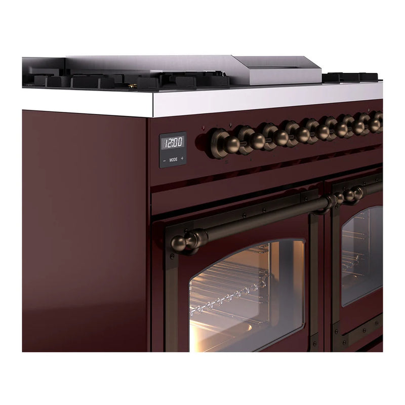 ILVE Nostalgie II Noblesse 40" Dual Fuel Freestanding Range in Burgundy with Burnished Trim, UND40FNMPBUBLP