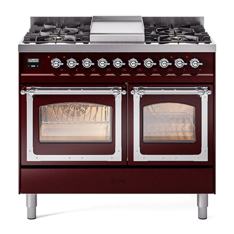 ILVE Nostalgie II Noblesse 40" Dual Fuel Freestanding Range in Burgundy with Chrome Trim, UND40FNMPBUCLP