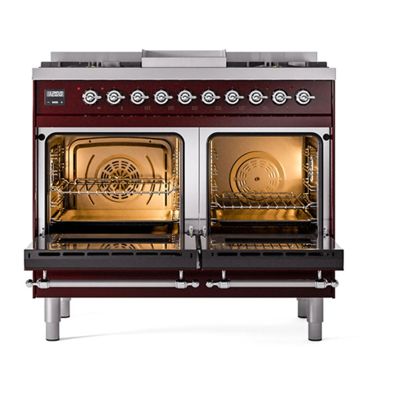 ILVE Nostalgie II Noblesse 40" Dual Fuel Freestanding Range in Burgundy with Chrome Trim, UND40FNMPBUCLP