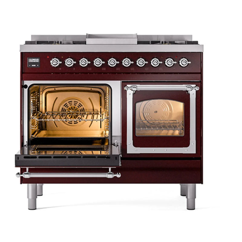 ILVE Nostalgie II Noblesse 40" Dual Fuel Freestanding Range in Burgundy with Chrome Trim, UND40FNMPBUCLP
