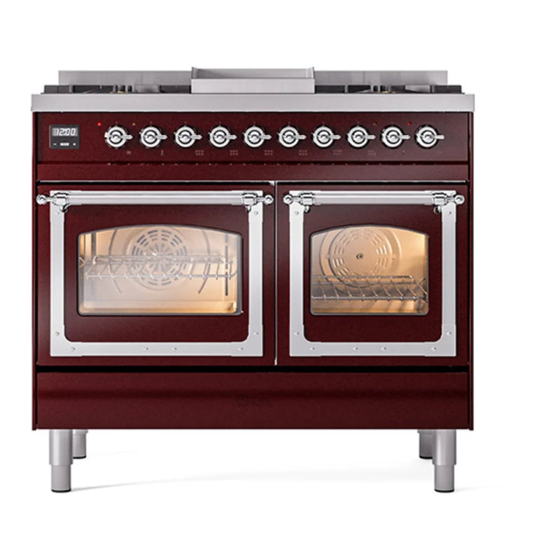 ILVE Nostalgie II Noblesse 40" Dual Fuel Freestanding Range in Burgundy with Chrome Trim, UND40FNMPBUCLP
