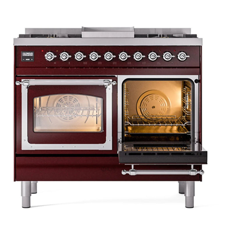 ILVE Nostalgie II Noblesse 40" Dual Fuel Freestanding Range in Burgundy with Chrome Trim, UND40FNMPBUC