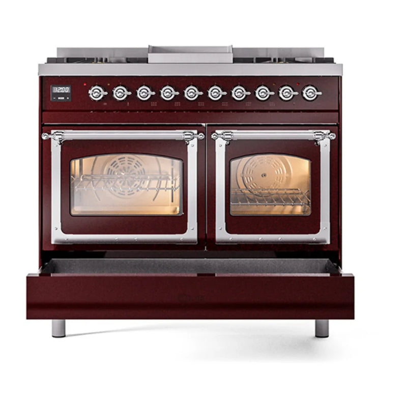 ILVE Nostalgie II Noblesse 40" Dual Fuel Freestanding Range in Burgundy with Chrome Trim, UND40FNMPBUC