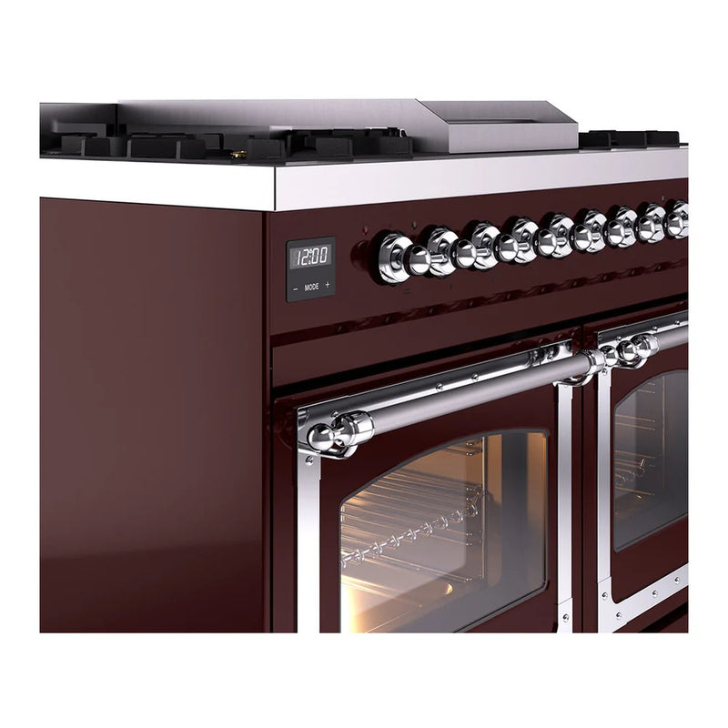 ILVE Nostalgie II Noblesse 40" Dual Fuel Freestanding Range in Burgundy with Chrome Trim, UND40FNMPBUC