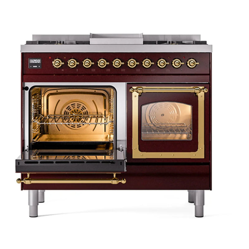 ILVE Nostalgie II Noblesse 40" Dual Fuel Freestanding Range in Burgundy with Brass Trim, UND40FNMPBUGLP