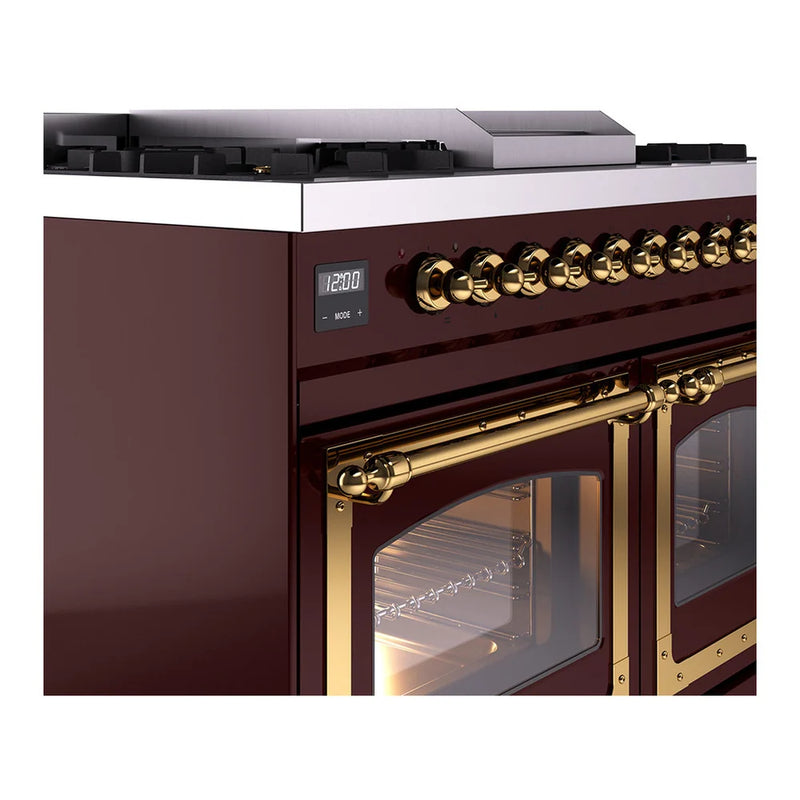 ILVE Nostalgie II Noblesse 40" Dual Fuel Freestanding Range in Burgundy with Brass Trim, UND40FNMPBUGLP