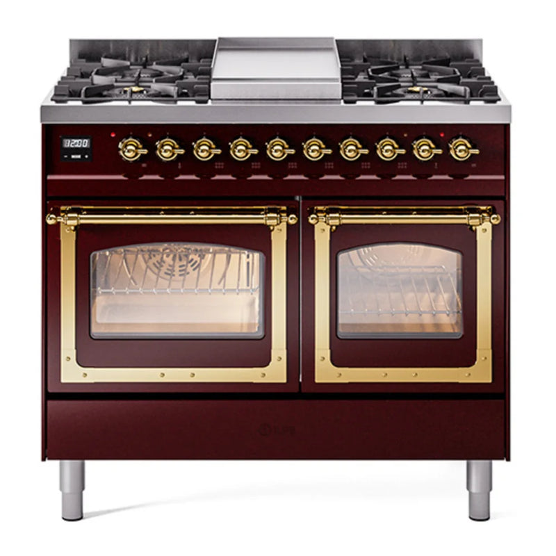 ILVE Nostalgie II Noblesse 40" Dual Fuel Freestanding Range in Burgundy with Brass Trim, UND40FNMPBUG