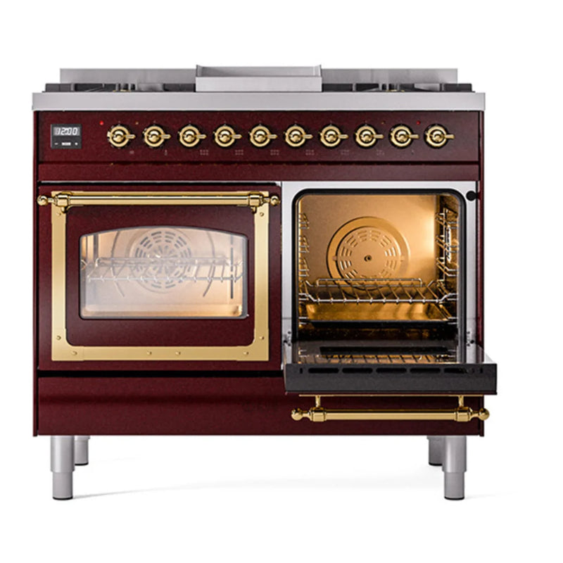 ILVE Nostalgie II Noblesse 40" Dual Fuel Freestanding Range in Burgundy with Brass Trim, UND40FNMPBUG