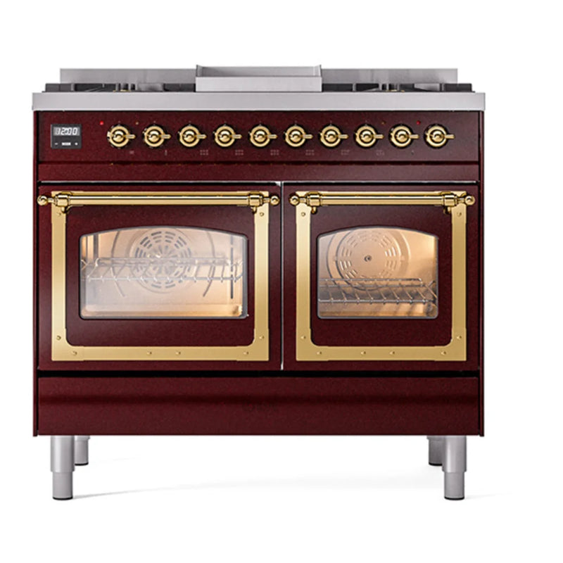 ILVE Nostalgie II Noblesse 40" Dual Fuel Freestanding Range in Burgundy with Brass Trim, UND40FNMPBUG