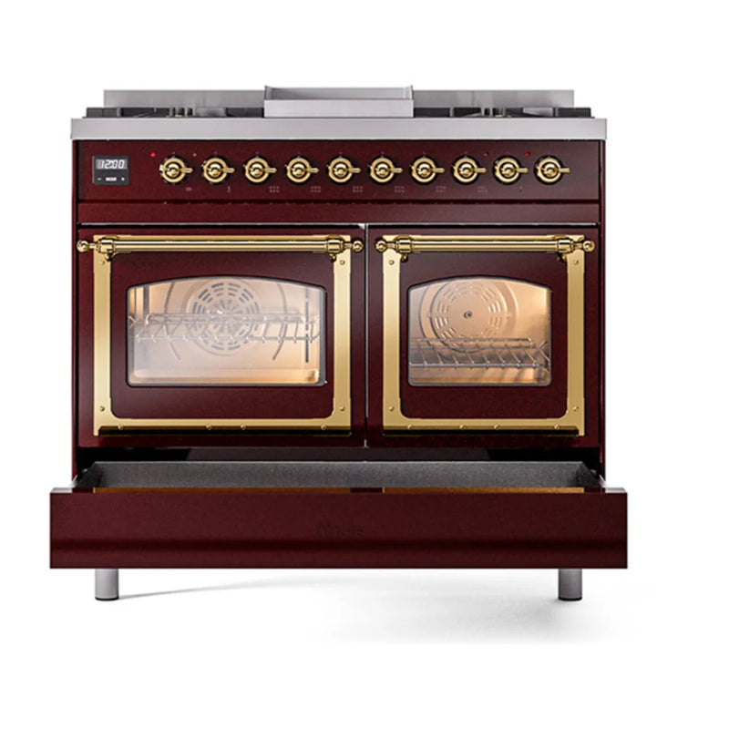ILVE Nostalgie II Noblesse 40" Dual Fuel Freestanding Range in Burgundy with Brass Trim, UND40FNMPBUG