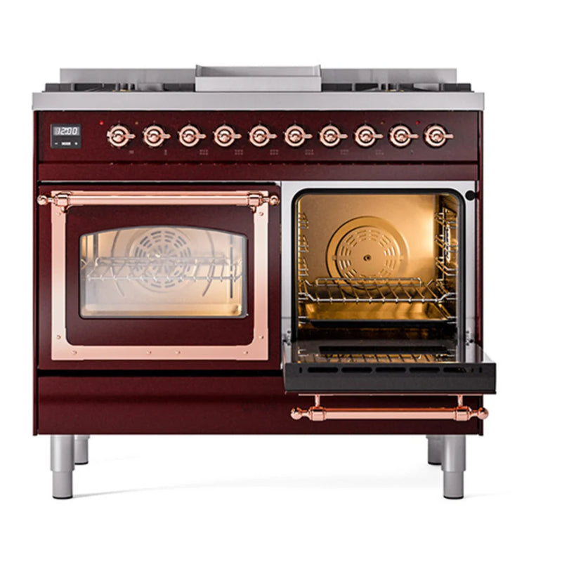 ILVE Nostalgie II Noblesse 40" Dual Fuel Freestanding Range in Burgundy with Copper Trim, UND40FNMPBUPLP
