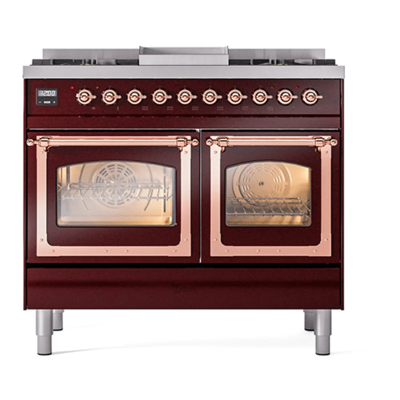 ILVE Nostalgie II Noblesse 40" Dual Fuel Freestanding Range in Burgundy with Copper Trim, UND40FNMPBUPLP