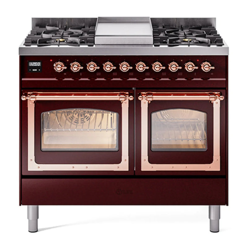 ILVE Nostalgie II Noblesse 40" Dual Fuel Freestanding Range in Burgundy with Copper Trim, UND40FNMPBUP
