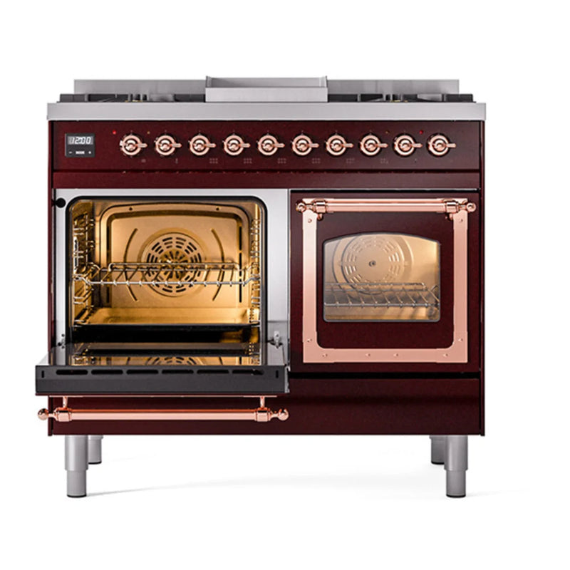 ILVE Nostalgie II Noblesse 40" Dual Fuel Freestanding Range in Burgundy with Copper Trim, UND40FNMPBUP