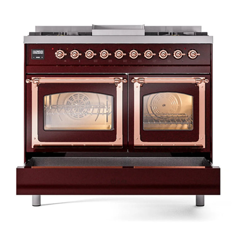 ILVE Nostalgie II Noblesse 40" Dual Fuel Freestanding Range in Burgundy with Copper Trim, UND40FNMPBUP
