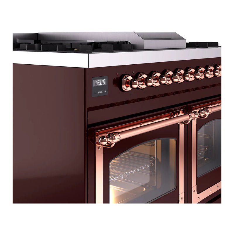 ILVE Nostalgie II Noblesse 40" Dual Fuel Freestanding Range in Burgundy with Copper Trim, UND40FNMPBUP