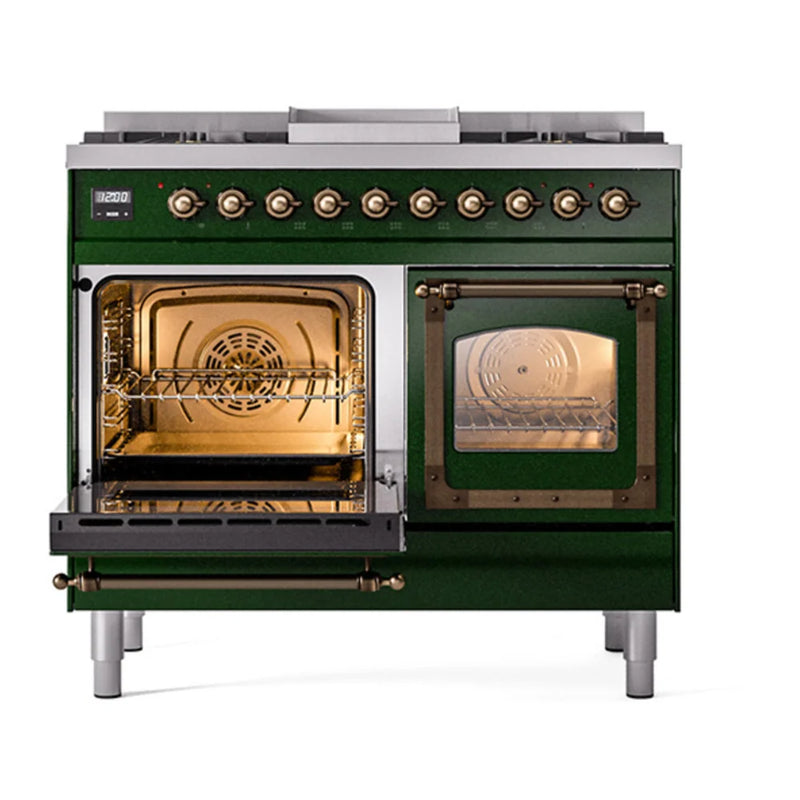 ILVE Nostalgie II Noblesse 40" Dual Fuel Freestanding Range in Emerald Green with Burnished Trim, UND40FNMPEGBLP