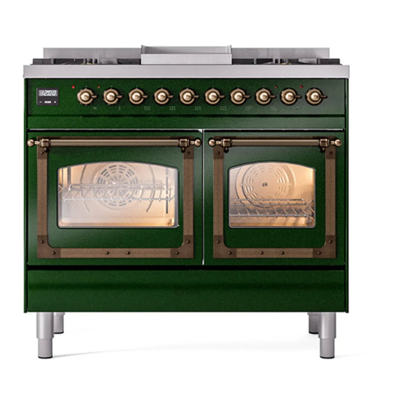ILVE Nostalgie II Noblesse 40" Dual Fuel Freestanding Range in Emerald Green with Burnished Trim, UND40FNMPEGBLP