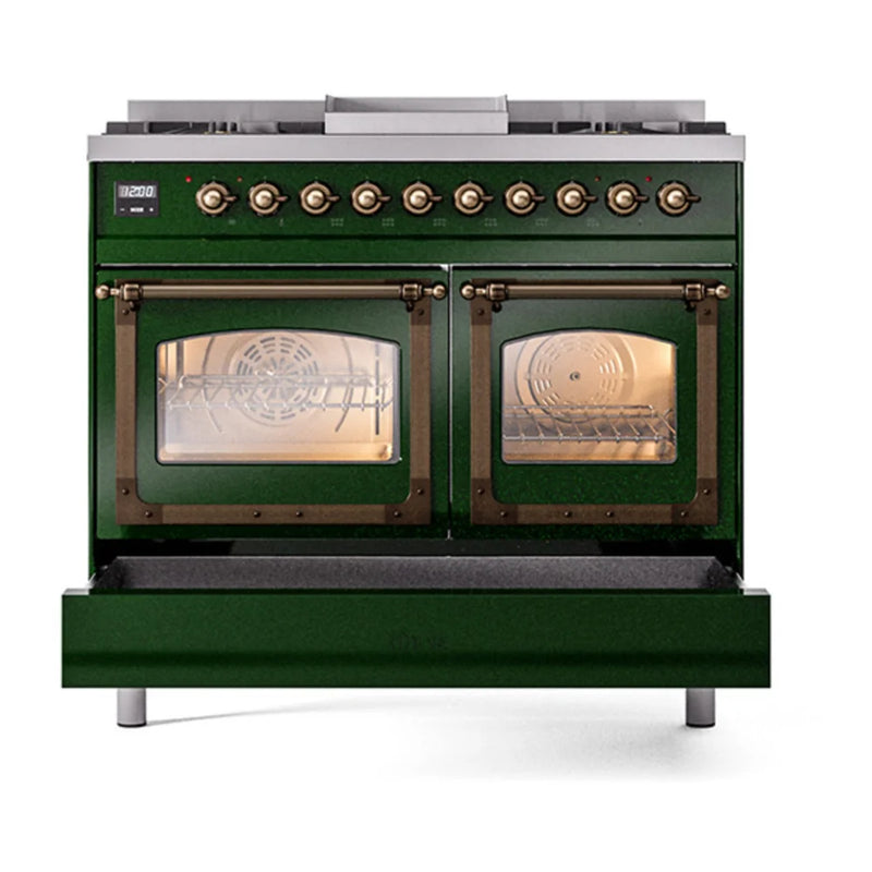 ILVE Nostalgie II Noblesse 40" Dual Fuel Freestanding Range in Emerald Green with Burnished Trim, UND40FNMPEGBLP