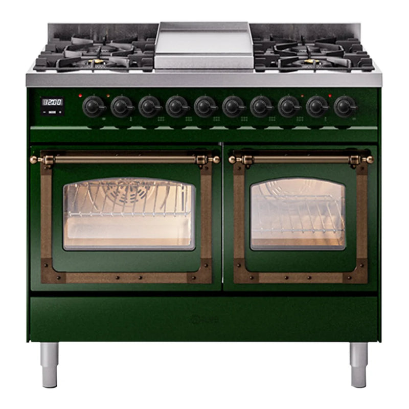 ILVE Nostalgie II Noblesse 40" Dual Fuel Freestanding Range in Emerald Green with Burnished Trim, UND40FNMPEGB