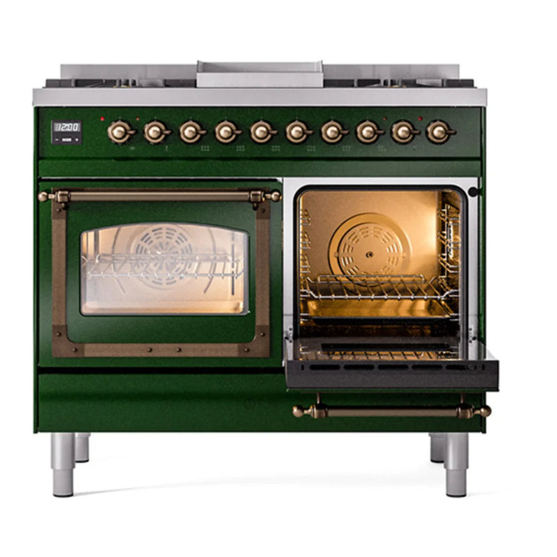 ILVE Nostalgie II Noblesse 40" Dual Fuel Freestanding Range in Emerald Green with Burnished Trim, UND40FNMPEGB