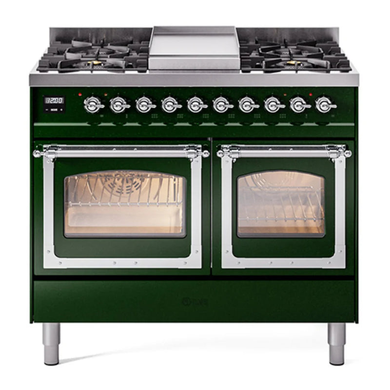 ILVE Nostalgie II Noblesse 40" Dual Fuel Freestanding Range in Emerald Green with Chrome Trim, UND40FNMPEGCLP