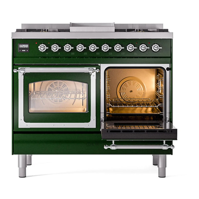 ILVE Nostalgie II Noblesse 40" Dual Fuel Freestanding Range in Emerald Green with Chrome Trim, UND40FNMPEGCLP