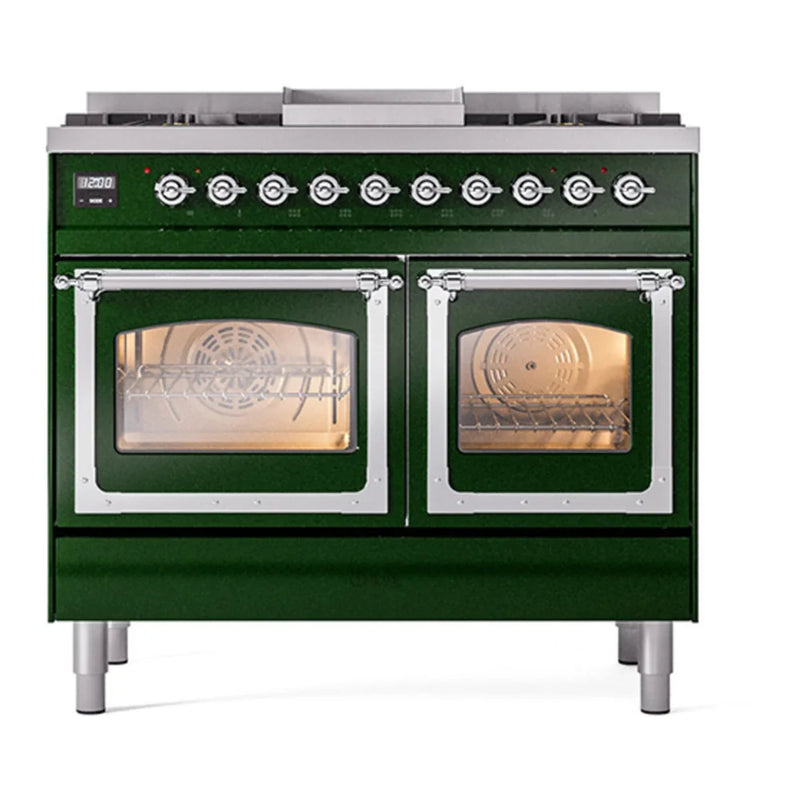 ILVE Nostalgie II Noblesse 40" Dual Fuel Freestanding Range in Emerald Green with Chrome Trim, UND40FNMPEGCLP