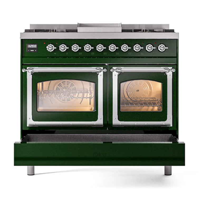 ILVE Nostalgie II Noblesse 40" Dual Fuel Freestanding Range in Emerald Green with Chrome Trim, UND40FNMPEGCLP