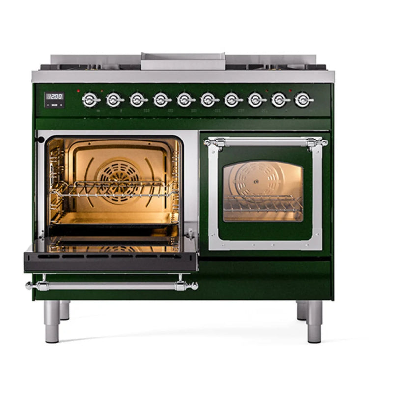 ILVE Nostalgie II Noblesse 40" Dual Fuel Freestanding Range in Emerald Green with Chrome Trim, UND40FNMPEGC