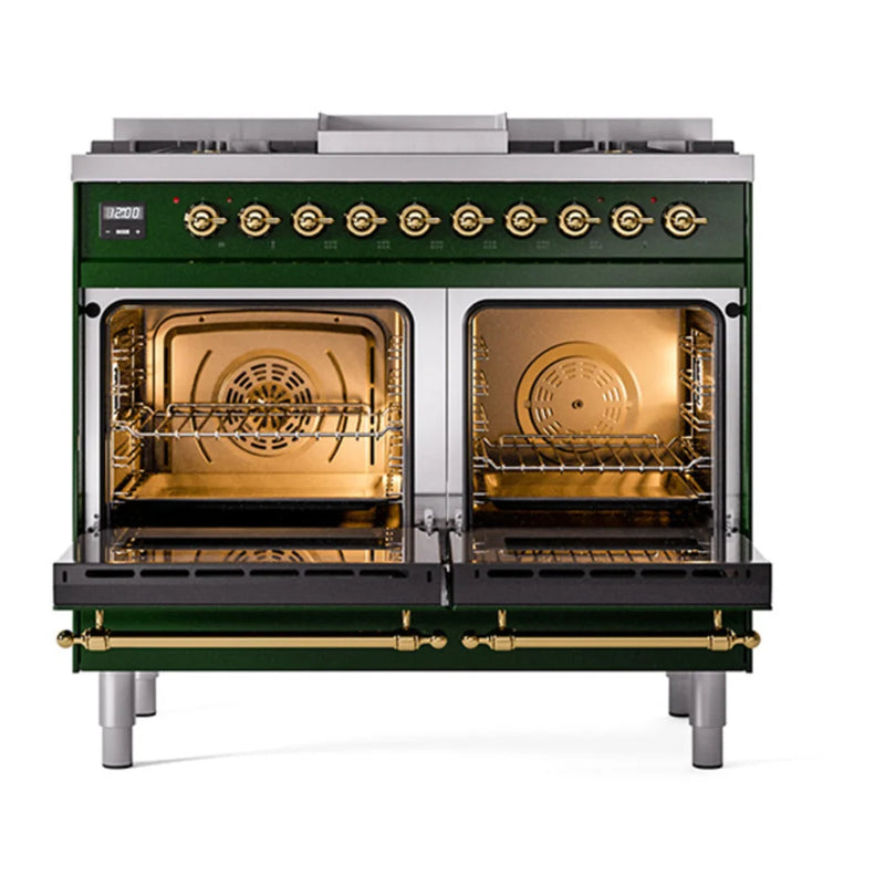 ILVE Nostalgie II Noblesse 40" Dual Fuel Freestanding Range in Emerald Green with Brass Trim, UND40FNMPEGGLP