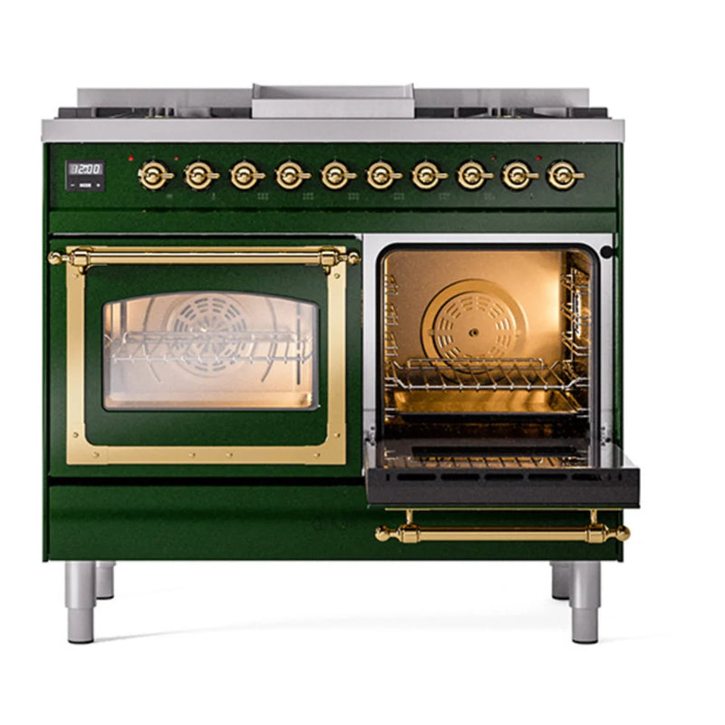 ILVE Nostalgie II Noblesse 40" Dual Fuel Freestanding Range in Emerald Green with Brass Trim, UND40FNMPEGGLP