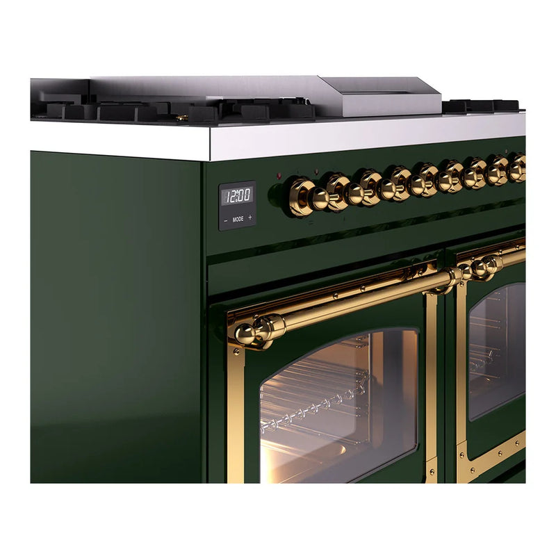 ILVE Nostalgie II Noblesse 40" Dual Fuel Freestanding Range in Emerald Green with Brass Trim, UND40FNMPEGGLP