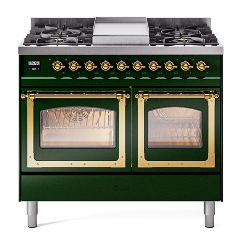 ILVE Nostalgie II Noblesse 40" Dual Fuel Freestanding Range in Emerald Green with Brass Trim, UND40FNMPEGG