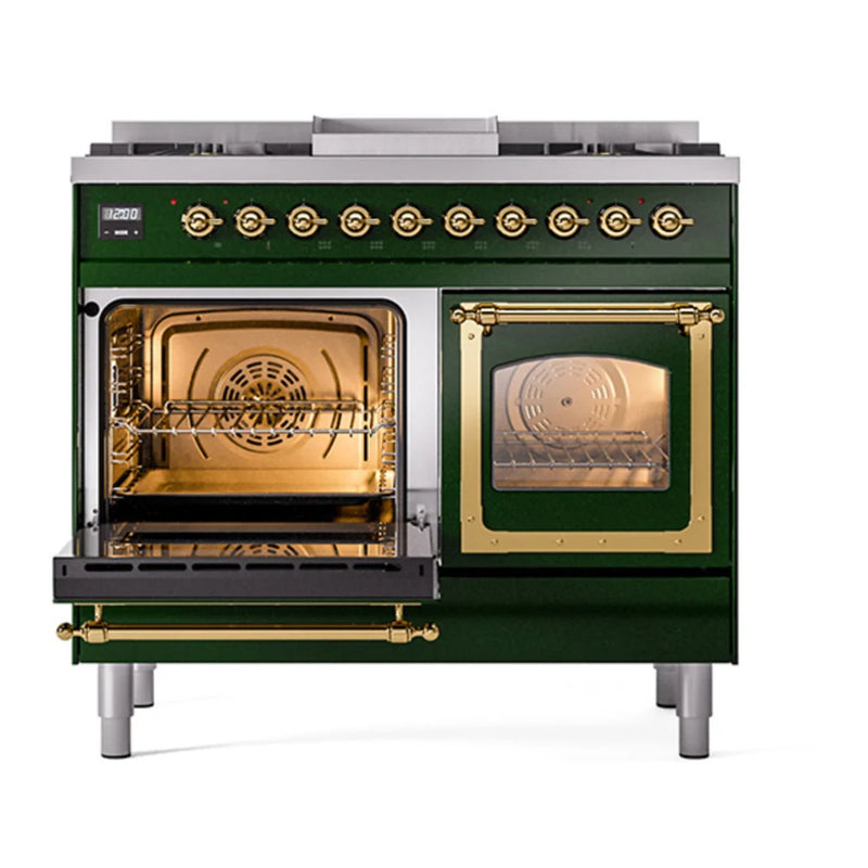 ILVE Nostalgie II Noblesse 40" Dual Fuel Freestanding Range in Emerald Green with Brass Trim, UND40FNMPEGG