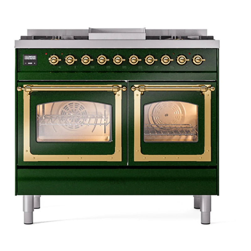 ILVE Nostalgie II Noblesse 40" Dual Fuel Freestanding Range in Emerald Green with Brass Trim, UND40FNMPEGG