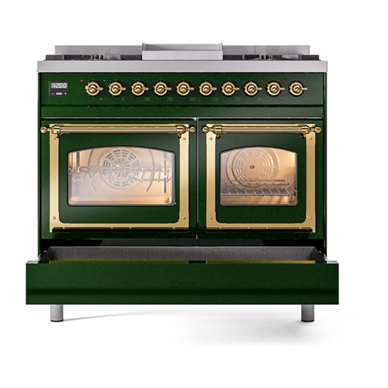 ILVE Nostalgie II Noblesse 40" Dual Fuel Freestanding Range in Emerald Green with Brass Trim, UND40FNMPEGG