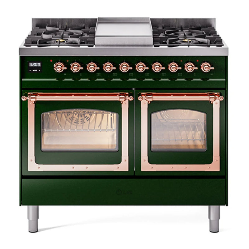 ILVE Nostalgie II Noblesse 40" Dual Fuel Freestanding Range in Emerald Green with Copper Trim, UND40FNMPEGPLP