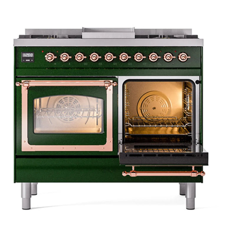 ILVE Nostalgie II Noblesse 40" Dual Fuel Freestanding Range in Emerald Green with Copper Trim, UND40FNMPEGPLP