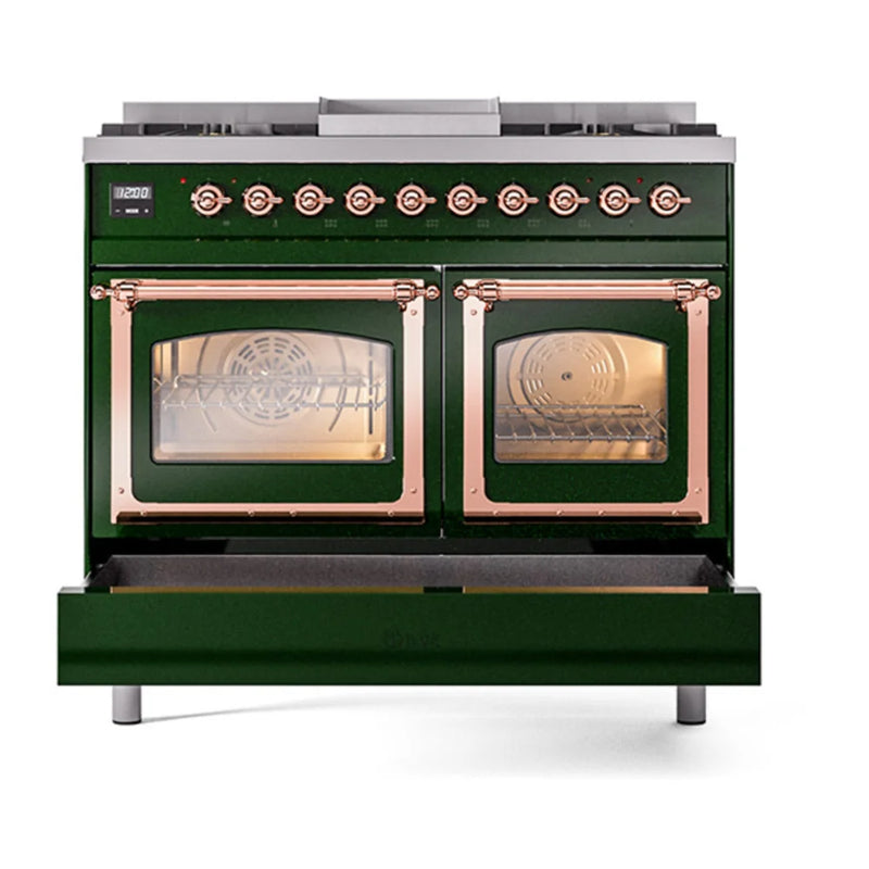 ILVE Nostalgie II Noblesse 40" Dual Fuel Freestanding Range in Emerald Green with Copper Trim, UND40FNMPEGP