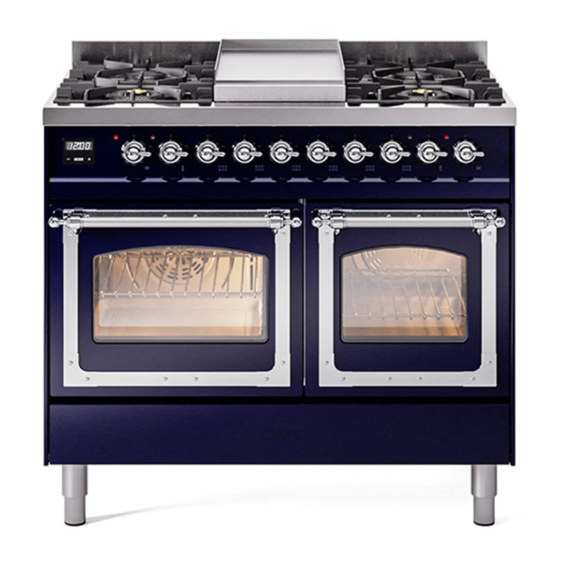 ILVE Nostalgie II Noblesse 40" Dual Fuel Freestanding Range in Midnight Blue with Chrome Trim, UND40FNMPMBCLP