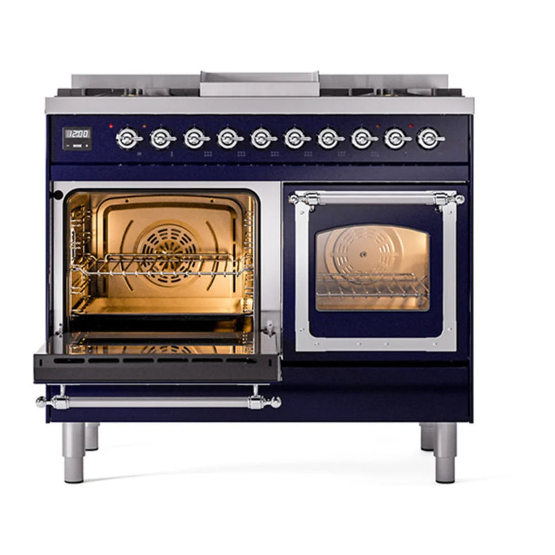 ILVE Nostalgie II Noblesse 40" Dual Fuel Freestanding Range in Midnight Blue with Chrome Trim, UND40FNMPMBCLP