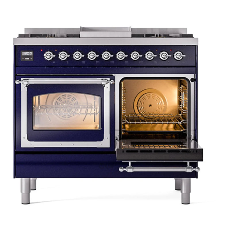ILVE Nostalgie II Noblesse 40" Dual Fuel Freestanding Range in Midnight Blue with Chrome Trim, UND40FNMPMBCLP
